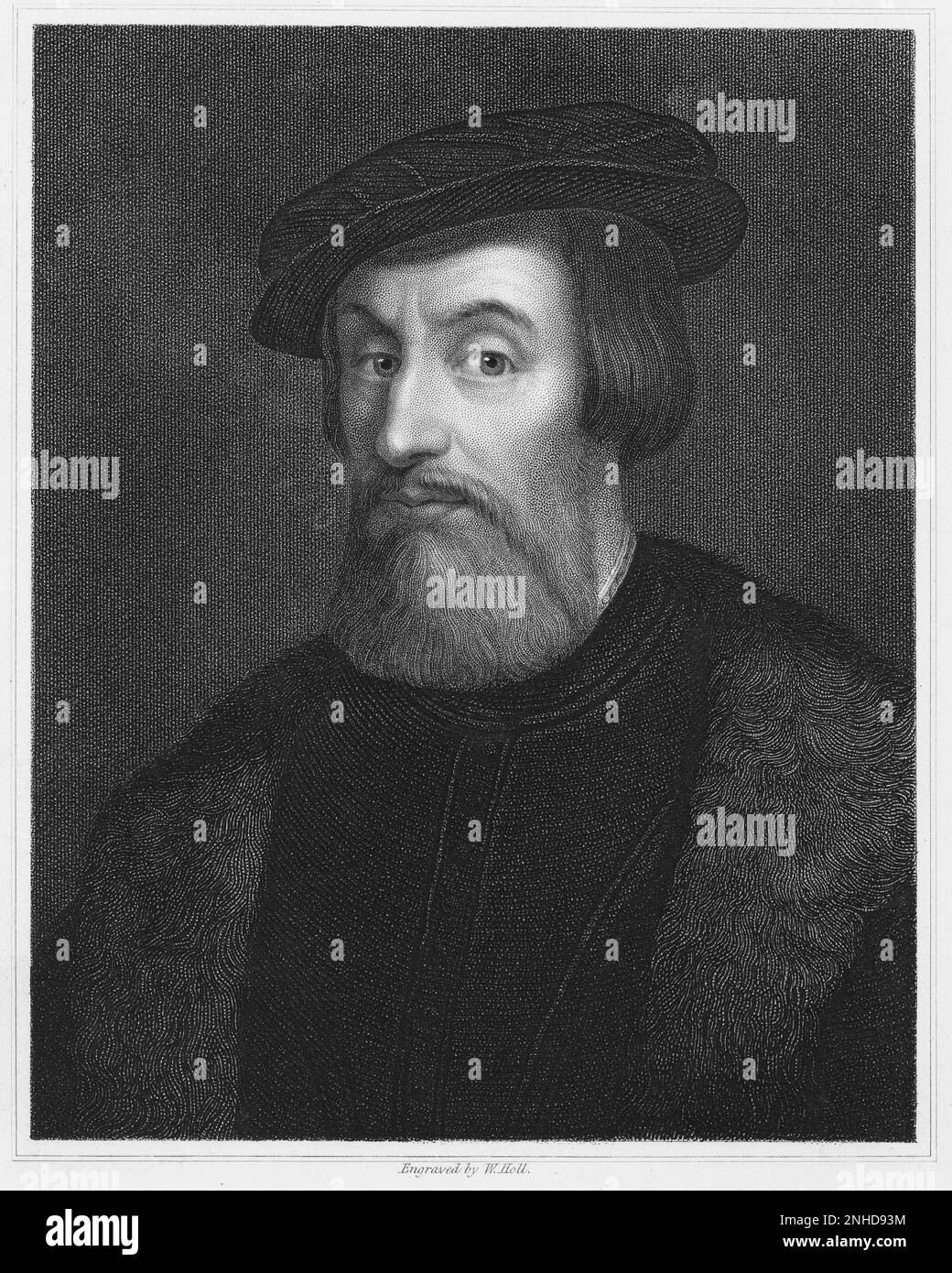 Il conquistatore spagnolo del Messico Hernan Cortés ( Medellin 1485 - Castilleja de la Cuesta 1457 ) , incisione di W. Holl ( XIX sec. ) Da un ritratto di Anonymous , Galleria degli Uffizi , Firenze , Italia - CONQUISTADORES - MESSICO - RICARDO CORTEZ - Riccardo - AZTECO - MONTEZUMA - Aztechi - MESSICO - SPAGNA - barba - cappello - cappello - ritratto - incisione ---- Archivio GBB Foto Stock