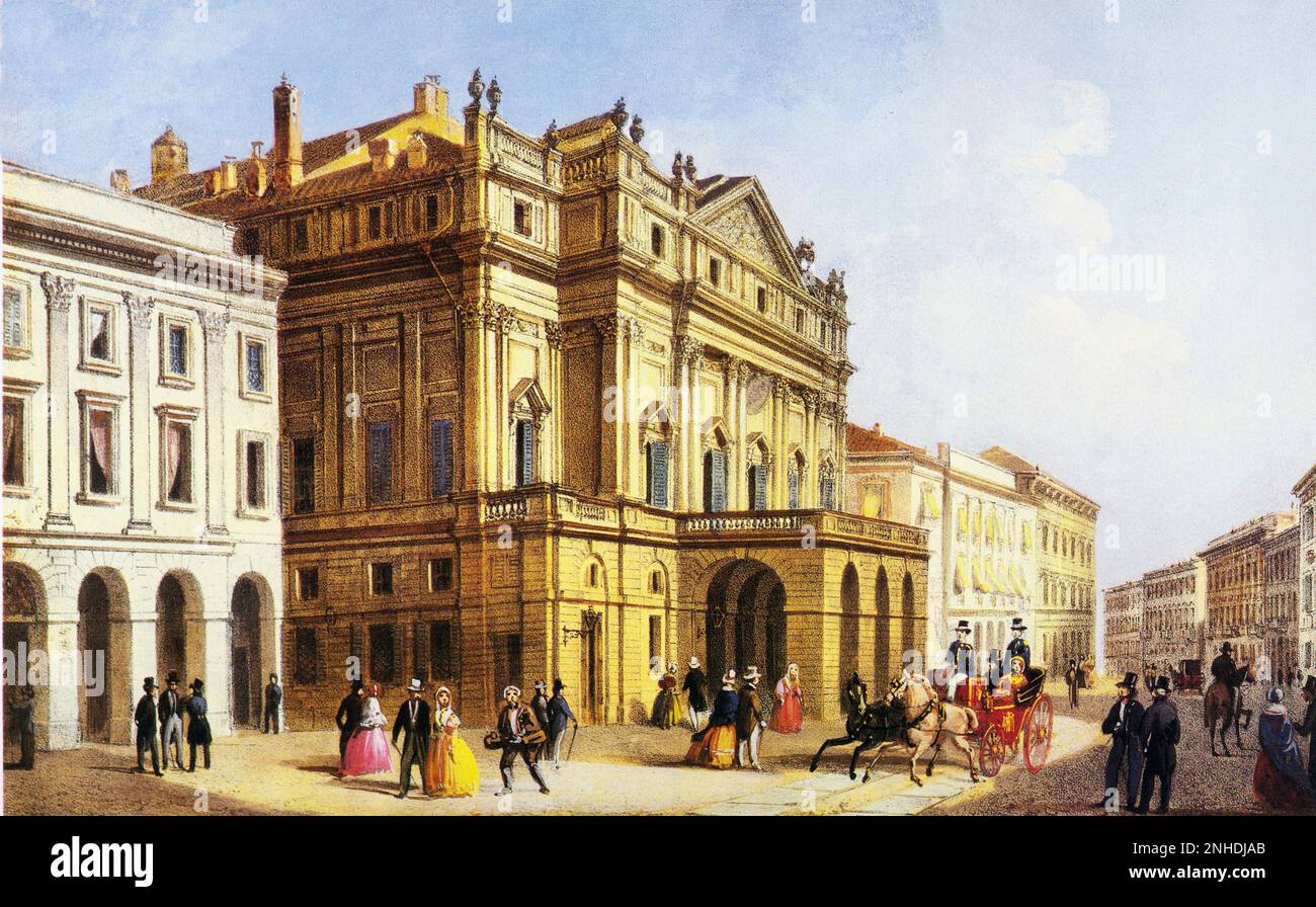 Il TEATRO ALLA SCALA di Milano dell'architetto GIUSEPPE PIERMARINI ( Foligno 1734 - 1808 ) , costruito a tempo di record , nello stesso luogo fu costruito il Teatro Ducale dall'Arciduca di Milano sotto il dominio austriaco e bruciato il 26 febbraio 1776. La Scala fu inaugurata il 3 agosto 1778 . In questa foto la Scala in un'incisione d'epoca del XIX secolo fino alla fine del XIX secolo , la Scala si affacciò su una strada , Non una piazza - TEATRO - OPERA LIRICA - MUSICA CLASSICA - CLASSICA - MUSICA - ARCHITETTURA - ARCHITETTURA - stampa - incisione - NEOCLASSICO - NEOCLASSICO - NEOCLASSICO - NEOCLASSICO Foto Stock