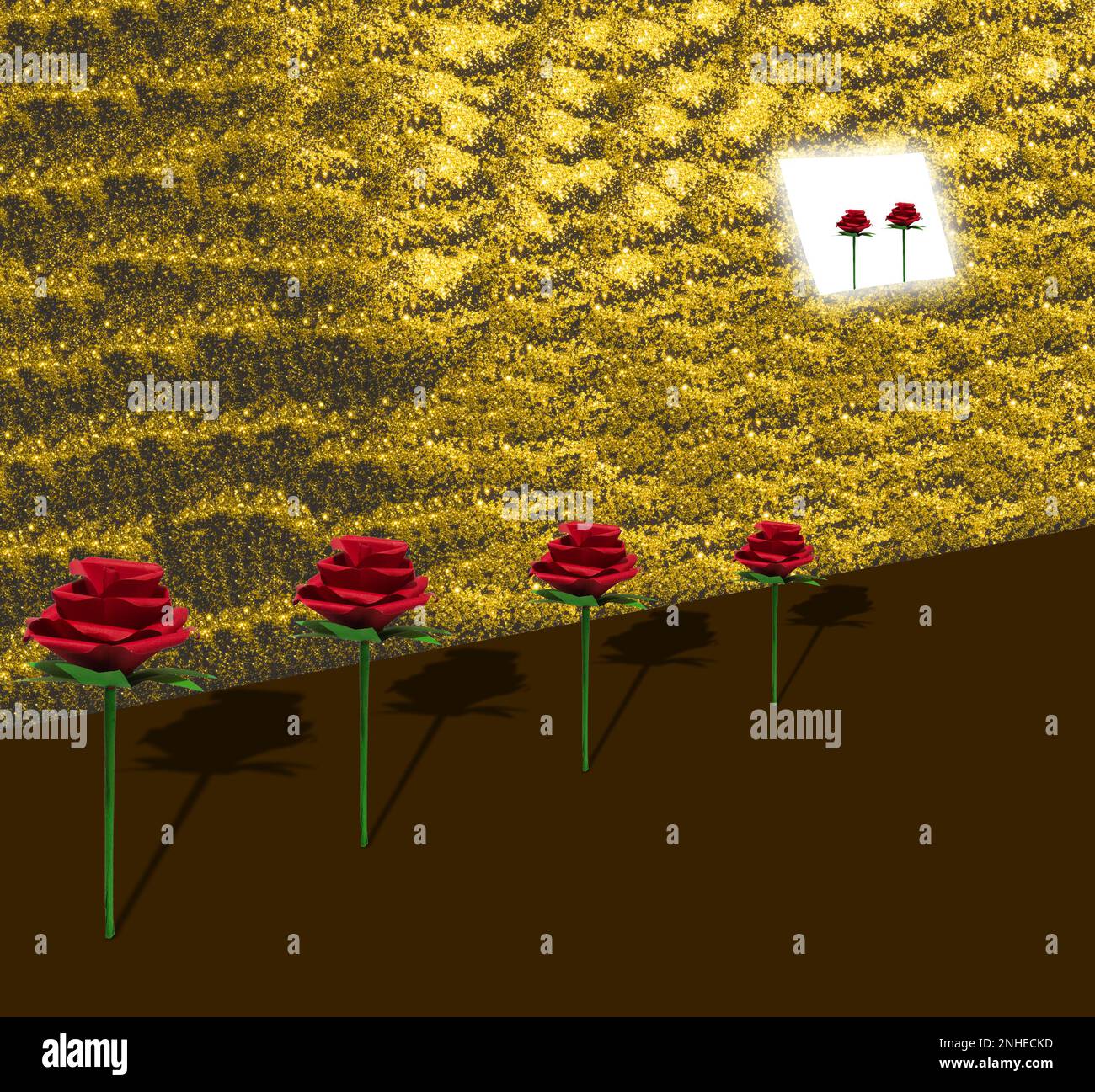 rosa artigianale su sfondo marrone-oro, vacanza creativa design elegante Foto Stock