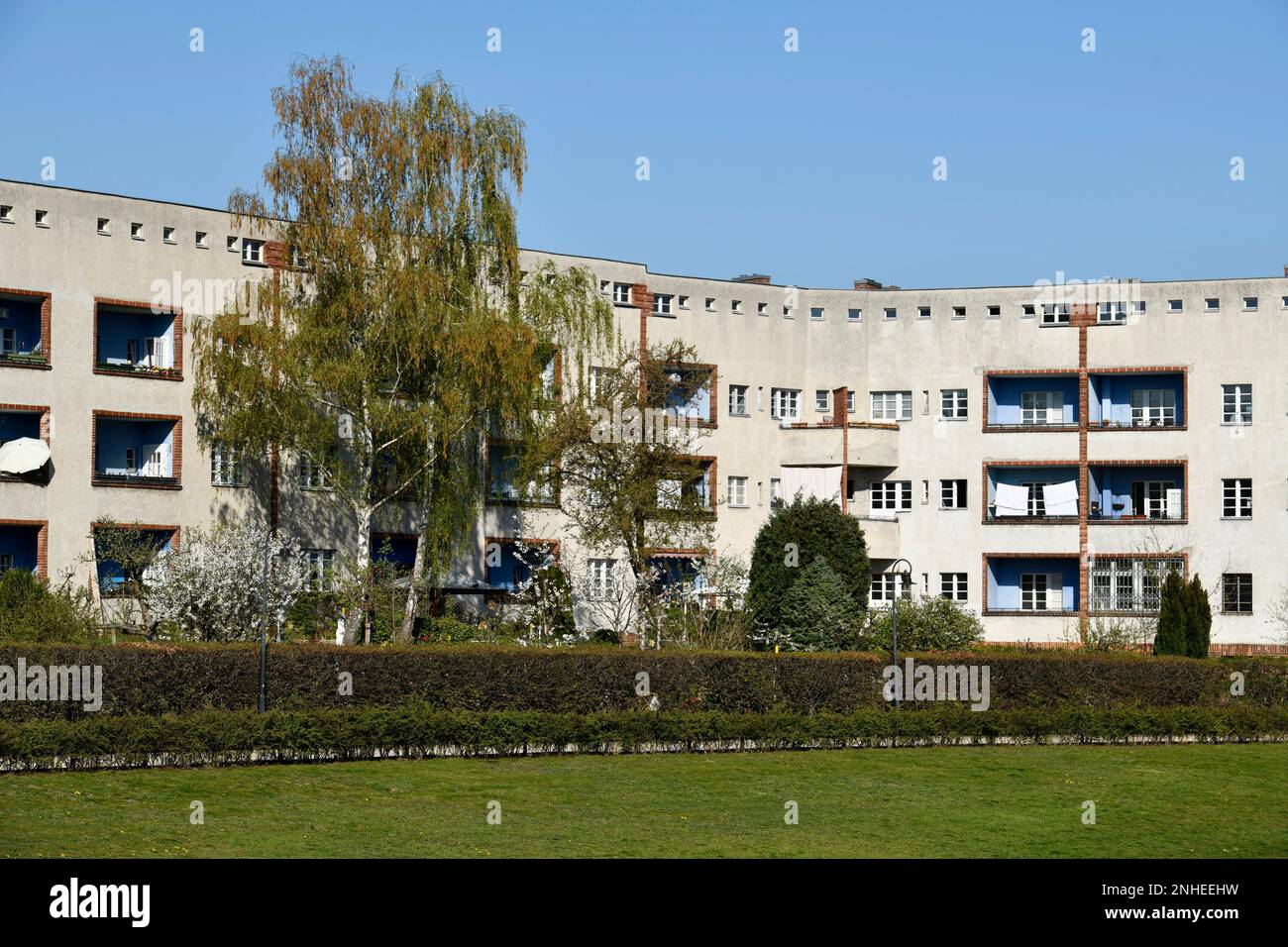 Edifici residenziali, Lowise-Reuter-Ring, Hufeisensiedlung, Britz, Neukoelln, Berlino, Germania Foto Stock