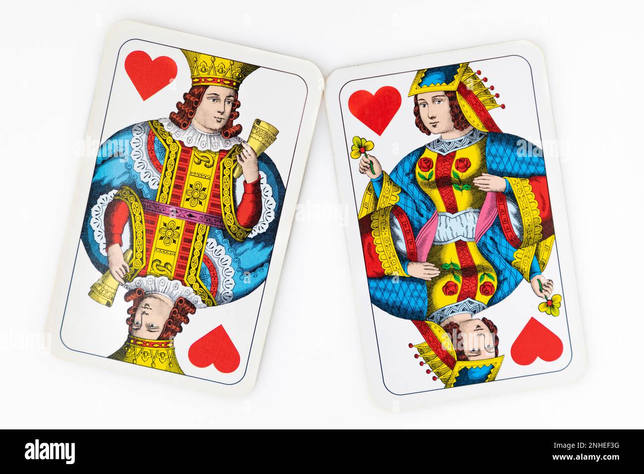 Carte preferite, carte da gioco francesi, Re e Regina dei cuori, sfondo bianco Foto Stock
