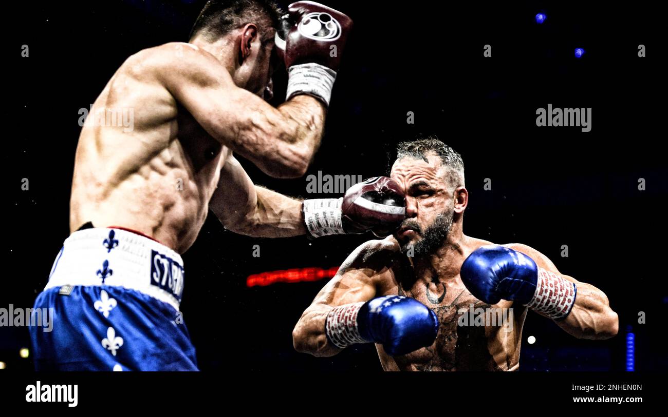 Boxe, Felix Sturm GER (pantaloni blu) vs Suekrue Altay TUR (pantaloni neri), Porsche Arena, Stoccarda, Baden-Wuerttemberg, Germania Foto Stock