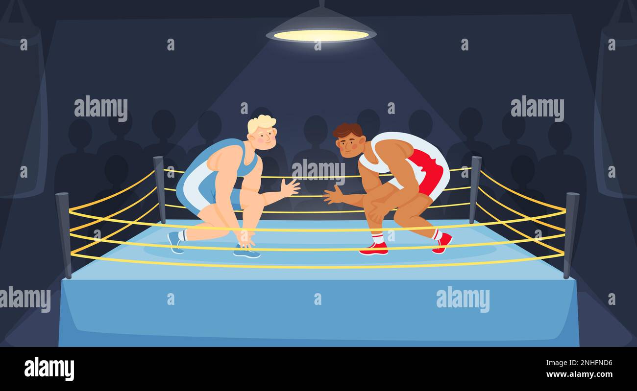 Composizione piatta dei combattenti con vista interna dell'anello di pugilato con atleti in movimento e silhouette di illustrazione vettoriale del pubblico Illustrazione Vettoriale