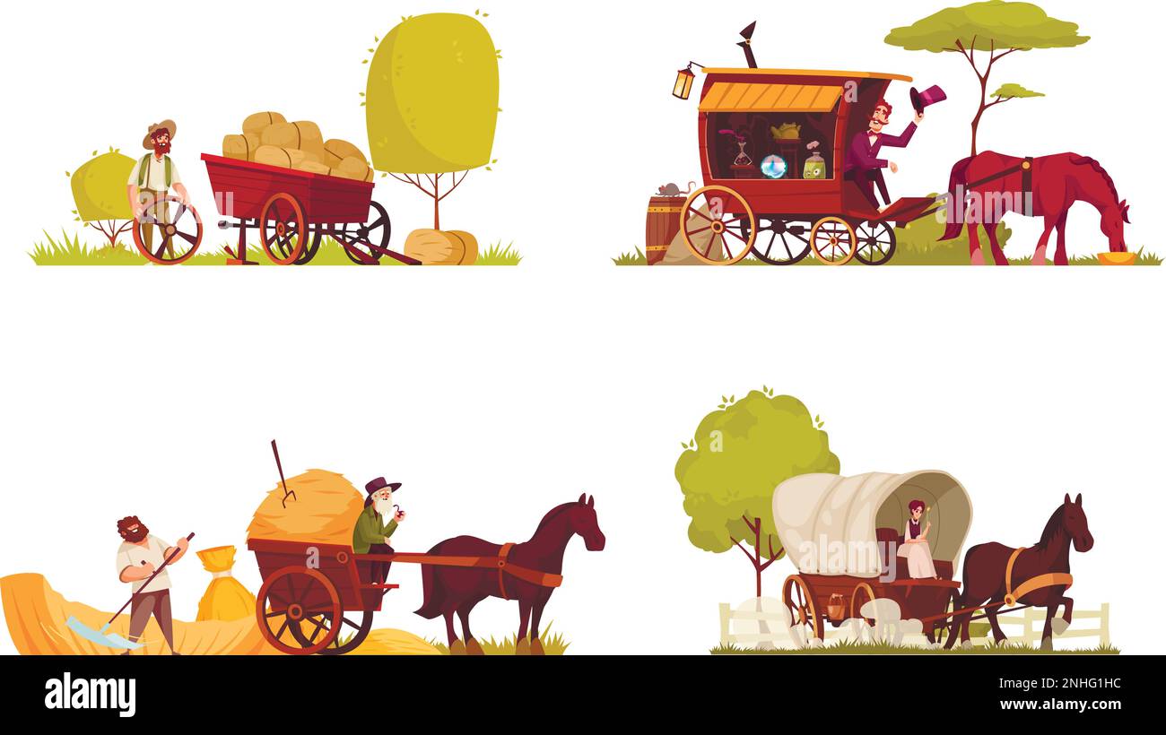 Veicoli trainati da cavalli 2x2 composizioni Set di carrozza carrozza e carrozza con illustrazione vettoriale cartoon a due e quattro ruote Illustrazione Vettoriale