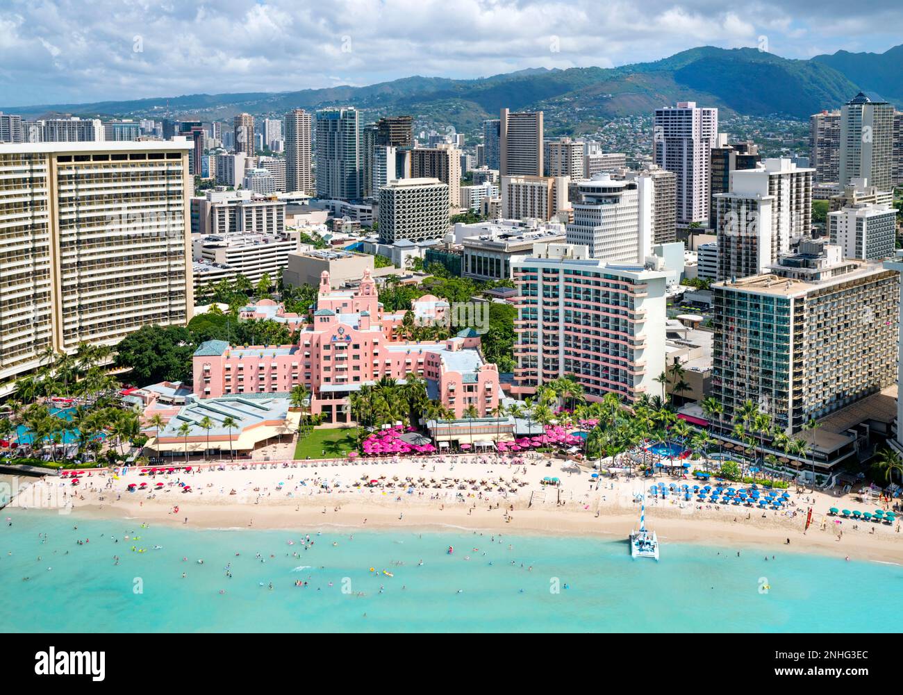 Fotografia aerea, elicottero Waikiki Beach Honolulu, Oahu, Hawaii, USAoloha Shirt Store, Waikiki Foto Stock