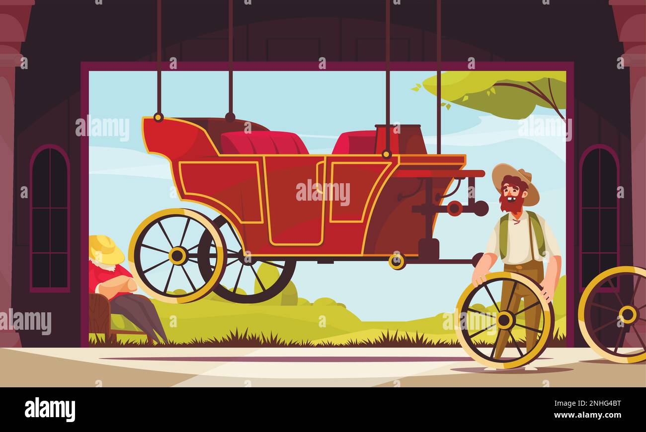 Poster dei cartoni animati dei veicoli trainati da cavalli con illustrazione vettoriale piatta della ruota del carrello rotta da artigiani Illustrazione Vettoriale