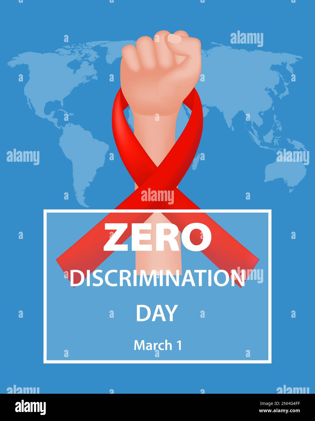 Il design celebra la Giornata della discriminazione zero con un nastro rosso e un pugno aggrappato a uno sfondo blu della mappa del mondo. Celebrare la discriminazione zero da Illustrazione Vettoriale