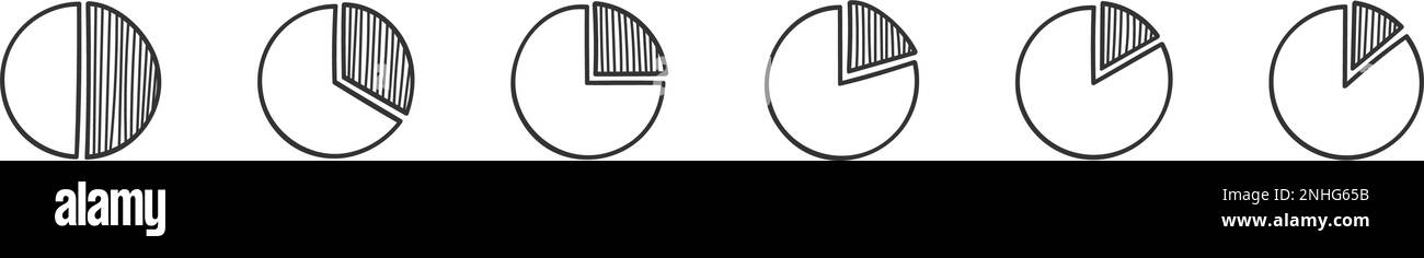 Set di ciambelle a dodle o grafici a torta. Grafici a cerchio disegnati a mano con frammenti separati. Statistiche diagrammi di schizzo infografici. Forme rotonde con sezioni tratteggiate. Illustrazione grafica vettoriale Illustrazione Vettoriale