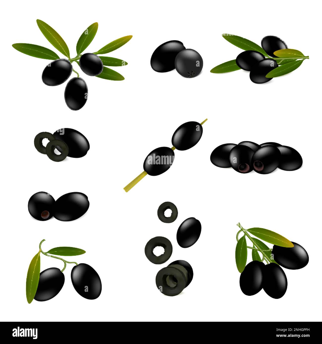 Olive nere Set realistico con immagini isolate di olive con boccioli di foglie affettate e su stick vettore illustrazione Illustrazione Vettoriale