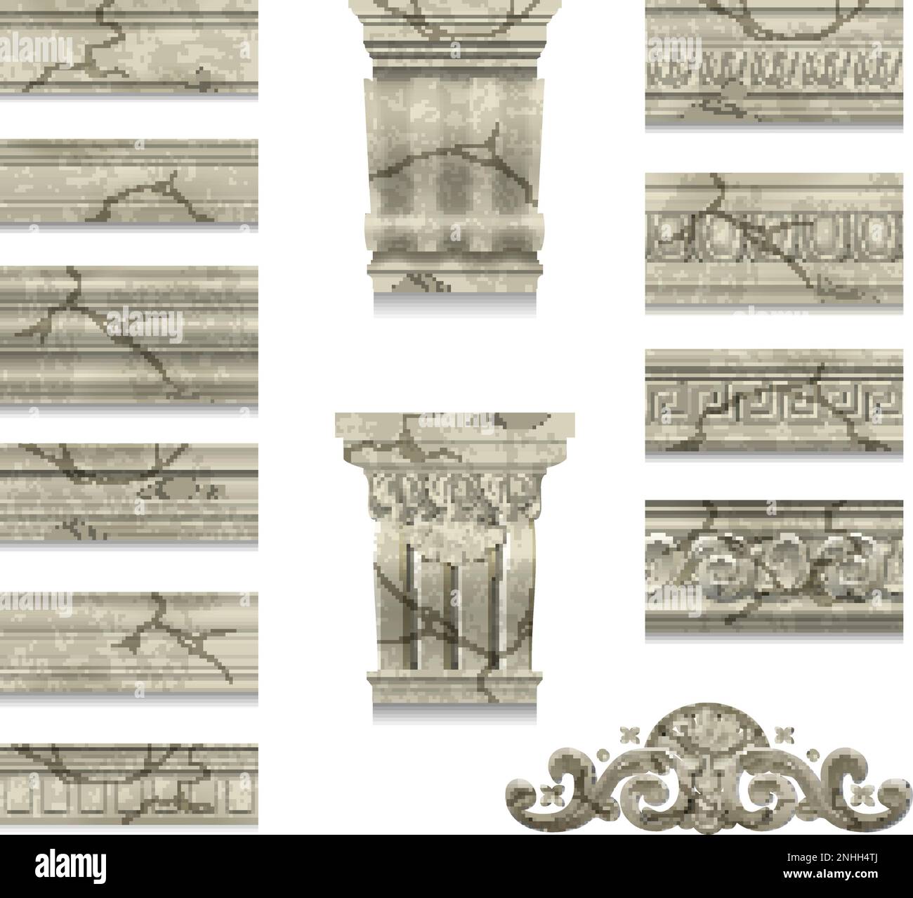 Antichi elementi di marmo incrinato di decorazione architettonica con ornamento classico isolato su sfondo bianco realistica illustrazione vettoriale Illustrazione Vettoriale