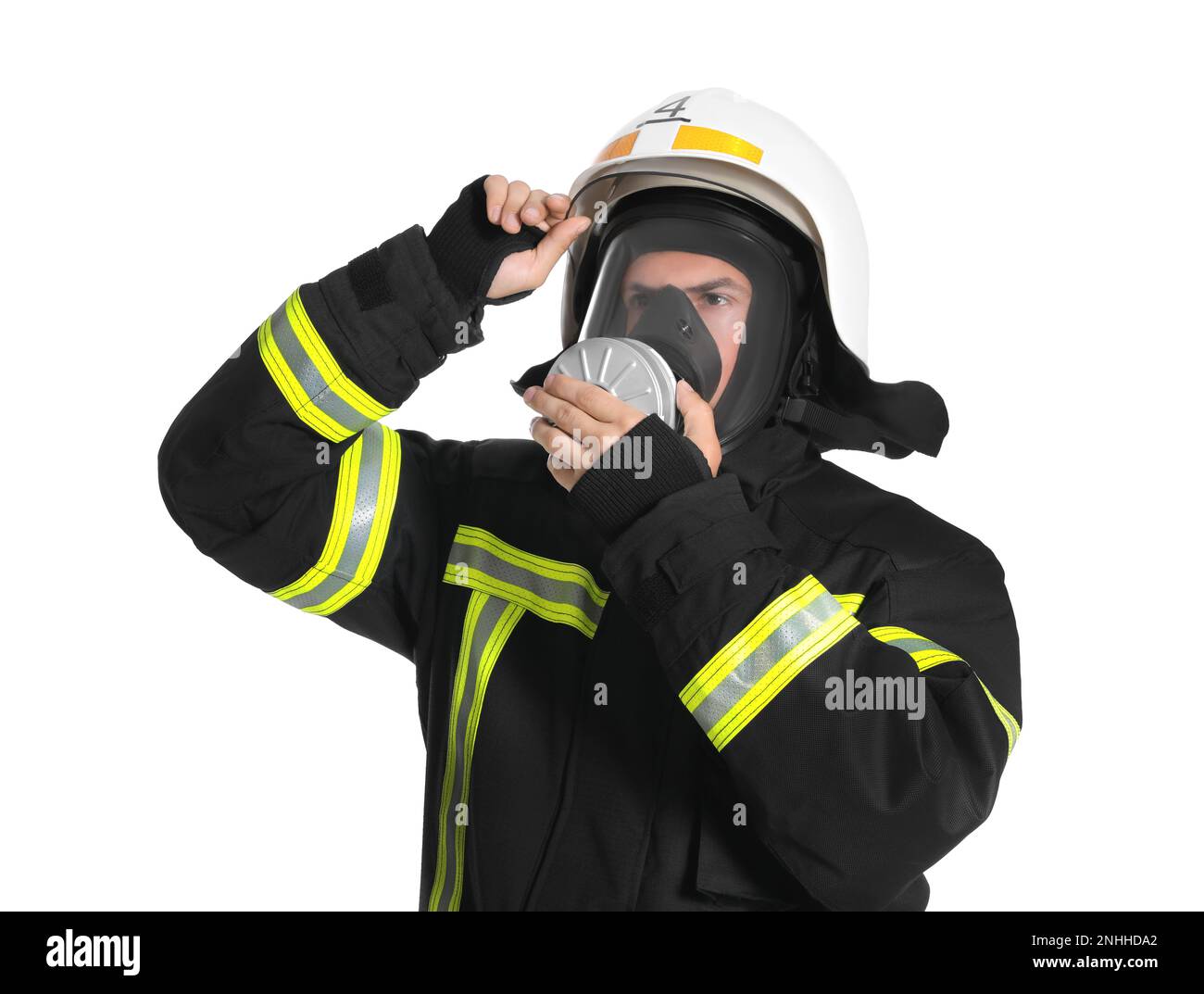 Ritratto di pompiere in uniforme, casco e maschera a gas su sfondo bianco  Foto stock - Alamy