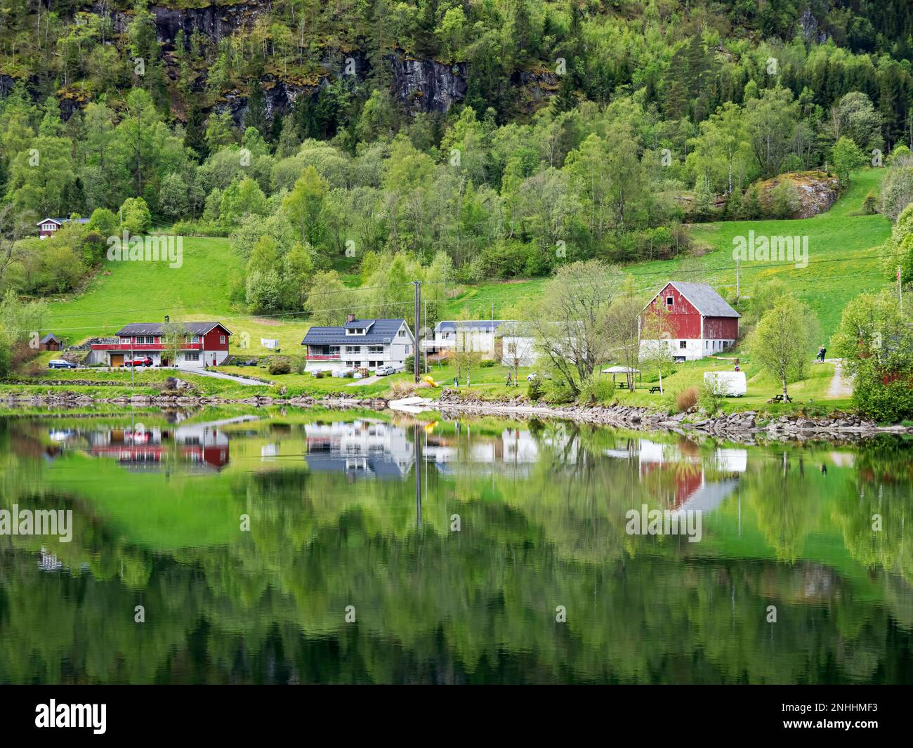 Una vista delle case lungo la riva del lago Oldevatnet, all'interno della valle del fiume Oldedalen, Norvegia. Foto Stock