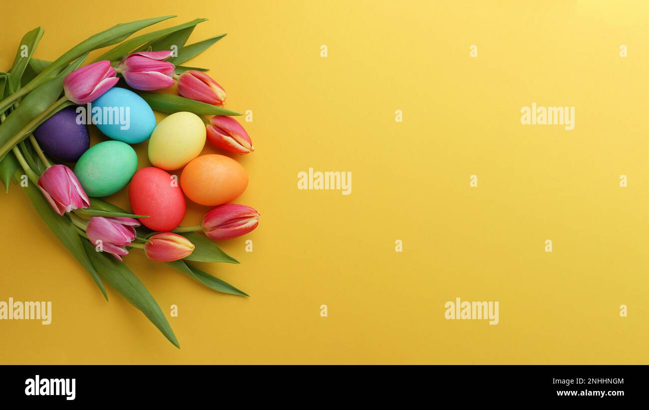 Fiori di tulipano freschi e colorati e uova di pasqua su sfondo giallo. Vista dall'alto con spazio di copia. Auguri di buona pasqua. Foto Stock