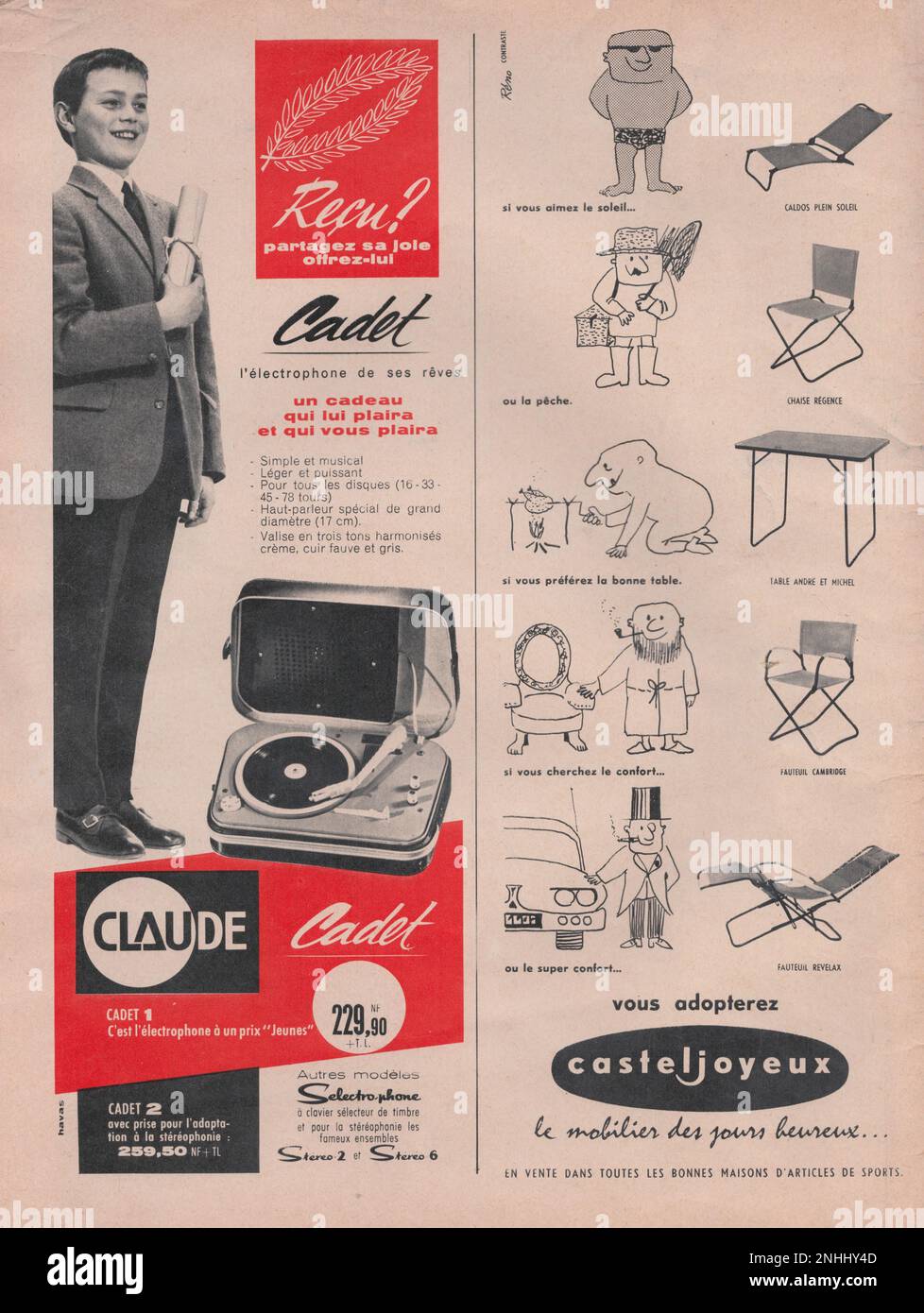 Claude Cadet e Castel Joyeux vintage pubblicità rivista francese, francese pubblicita 1960s Foto Stock
