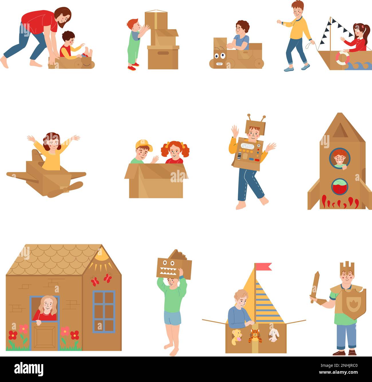 Set di icone piatte scatola di cartone con bambini che giocano a mano giocattoli isolato vettore illustrazione Illustrazione Vettoriale