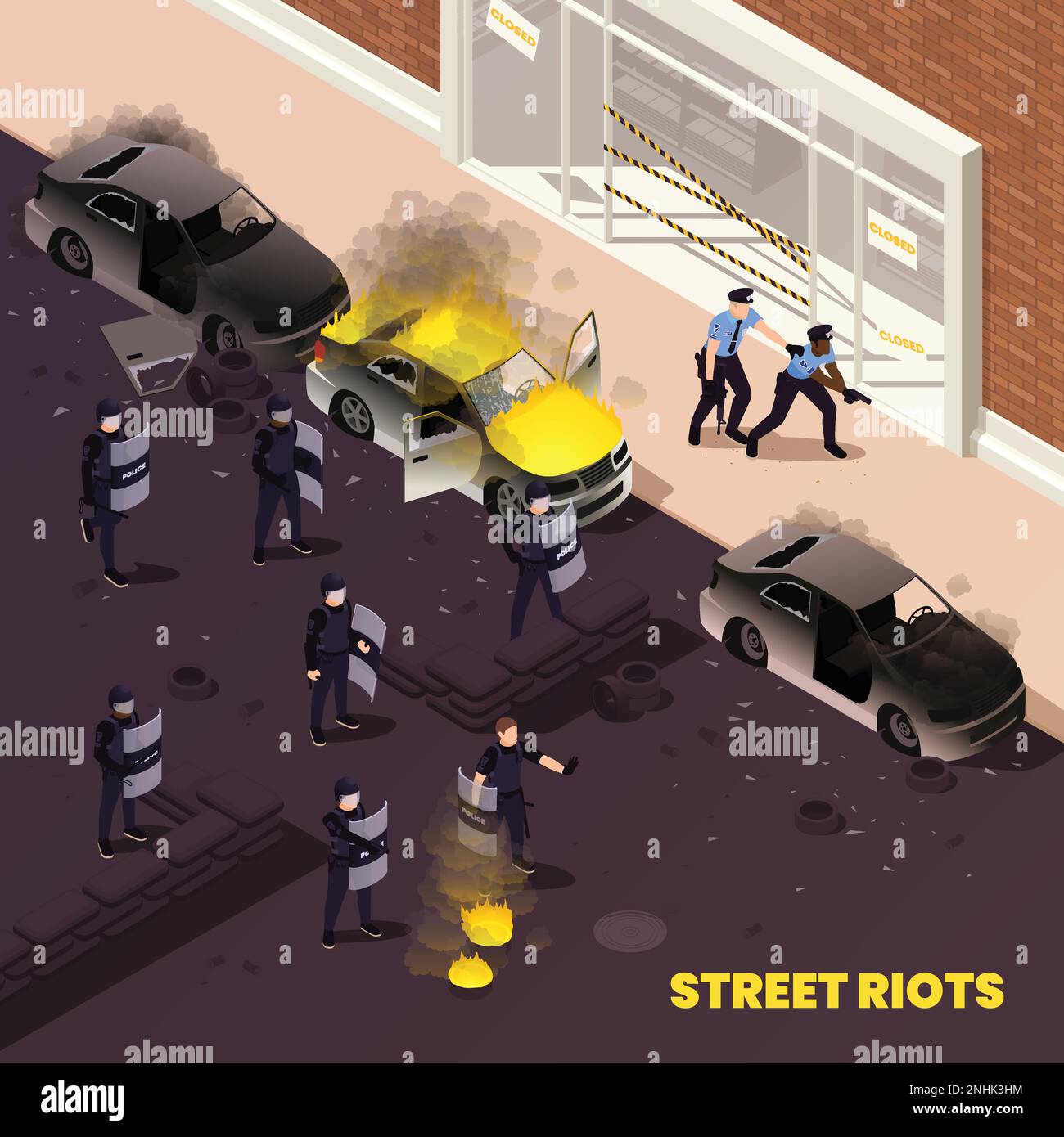 Scontri di strada sfondo isometrico con auto in fiamme e poliziotti in piena tattica attrezzatura sopprimendo l'aggressione di protesta vettore mob illustr Illustrazione Vettoriale