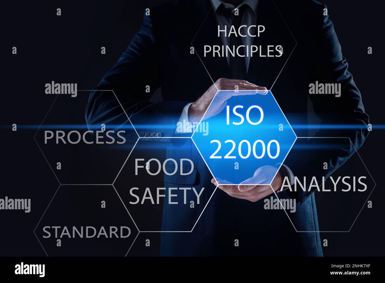 Uomo d'affari con icona virtuale con testo ISO 22000 su sfondo scuro, primo piano Foto Stock