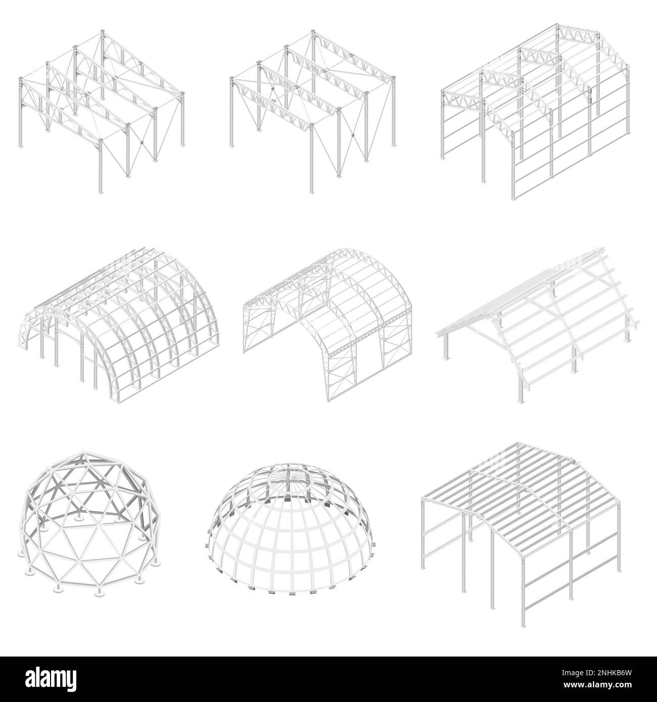 Costruzioni metalliche con simboli di edifici industriali illustrazione vettoriale isometrica isolata Illustrazione Vettoriale