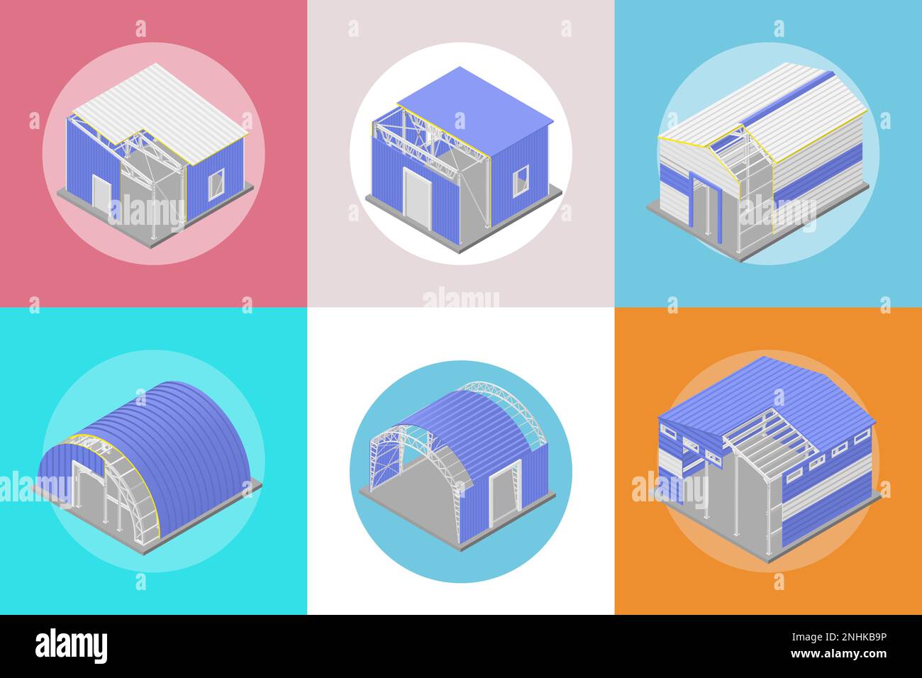 Set quadrato per costruzioni metalliche con simboli industriali di paesaggio urbano, illustrazione isometrica del vettore isolato Illustrazione Vettoriale