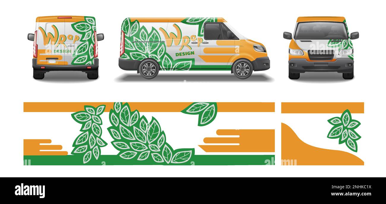 Car van mockup livrea wrap design realistico set con aspetto isolato di auto e floreale grafica vettoriale illustrazione Illustrazione Vettoriale