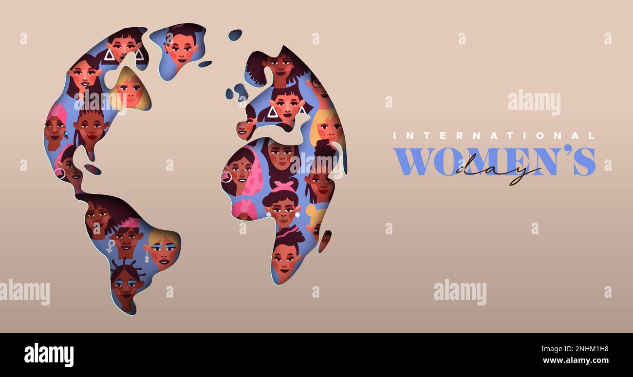 Illustrazione del modello di biglietto di auguri per la giornata internazionale della donna. 3D papercut mappa del mondo simbolo con diverse persone gruppo di religione e cultura diverse Illustrazione Vettoriale