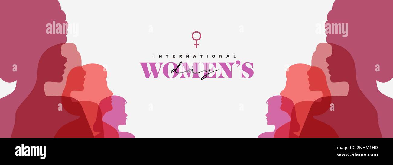 International Women's Day social media banner, diverse persone profili silhouette in colori pastello trasparente su sfondo isolato. Etni diversi Illustrazione Vettoriale