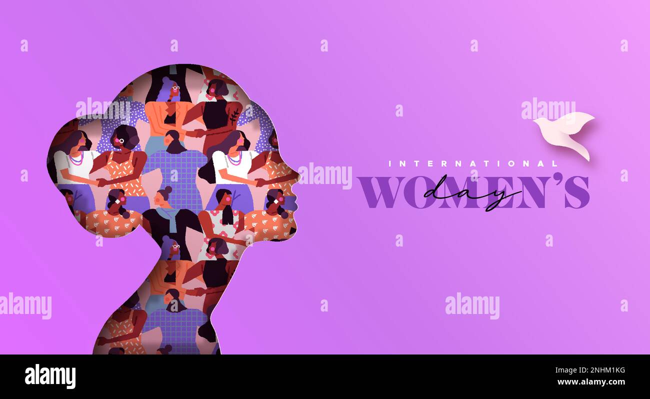 Modello di biglietto di auguri per la giornata internazionale della donna. 3D papercut donna silhouette con diversi gruppi di persone di diversa religione e cultura. Illustrazione Vettoriale