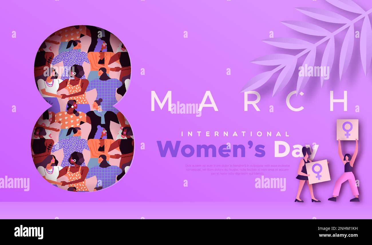 Illustrazione di un modello web internazionale per la giornata delle donne. Viola 3D papercut Marzo 8 simbolo con diversi gruppi di persone di diverse religioni e culture Illustrazione Vettoriale
