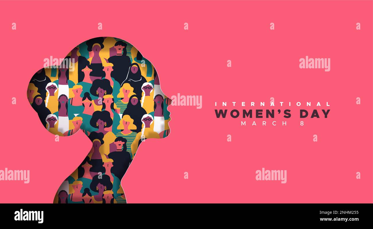 Modello di biglietto di auguri per la buona giornata delle donne. 3D papercut donna silhouette con diversi gruppi di persone di diversa religione e cultura. Carino pap Illustrazione Vettoriale