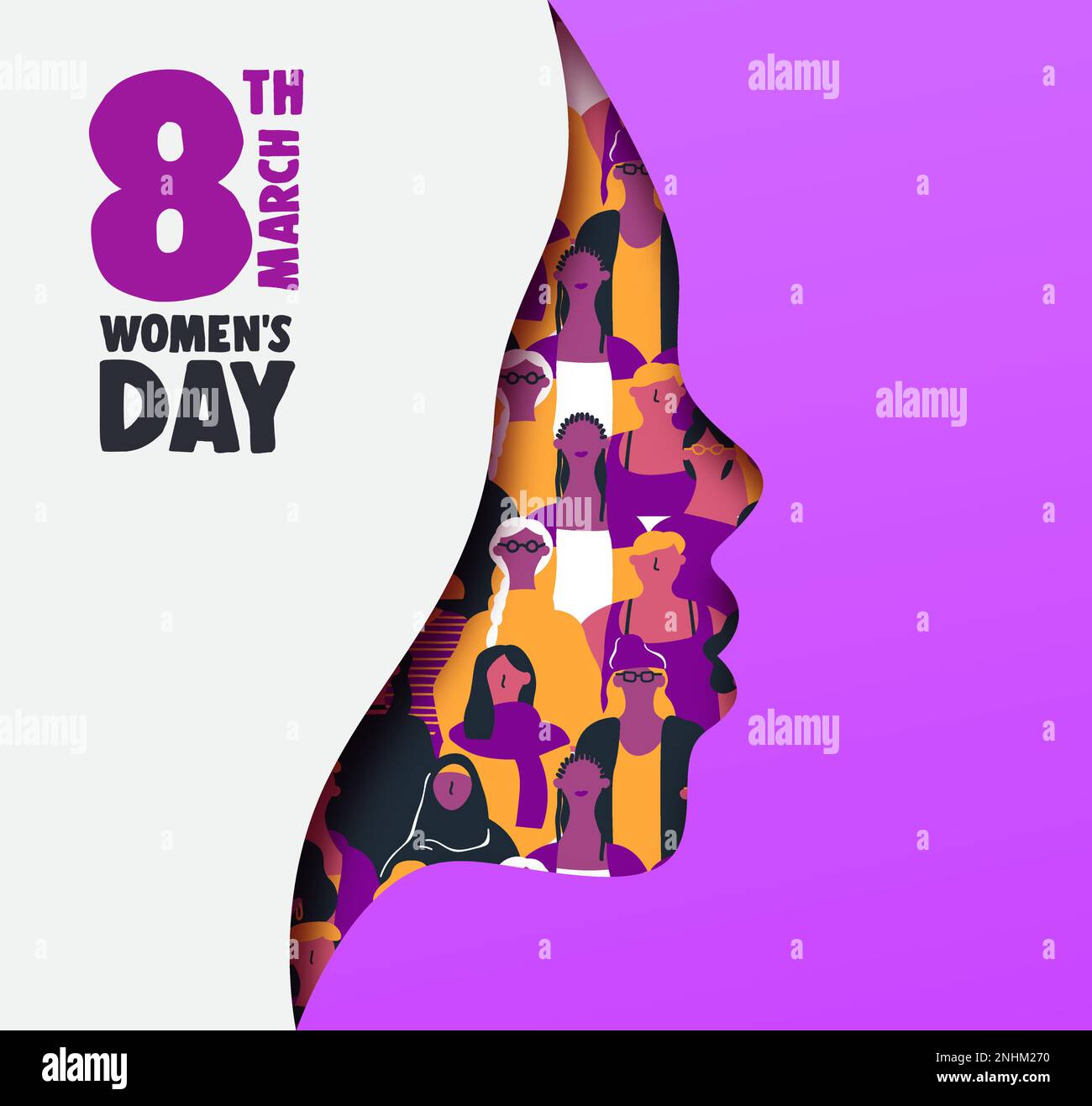 Volantino, poster o modello di biglietto per la giornata internazionale della donna. Viola 3D papercut donna silhouette con diversi gruppi di persone di diversa religione Illustrazione Vettoriale