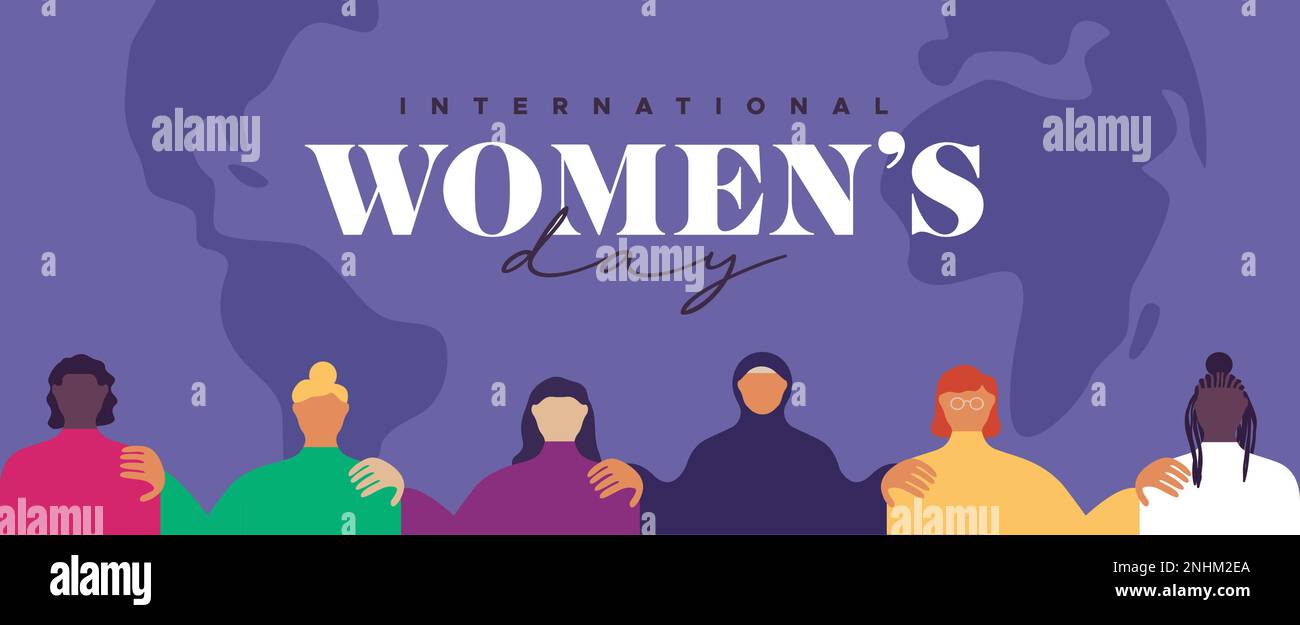 Modello internazionale della giornata della donna illustrazione di persone diverse insieme in stile moderno cartone animato piatto. Donna di diversa cultura etnica per le donne Illustrazione Vettoriale