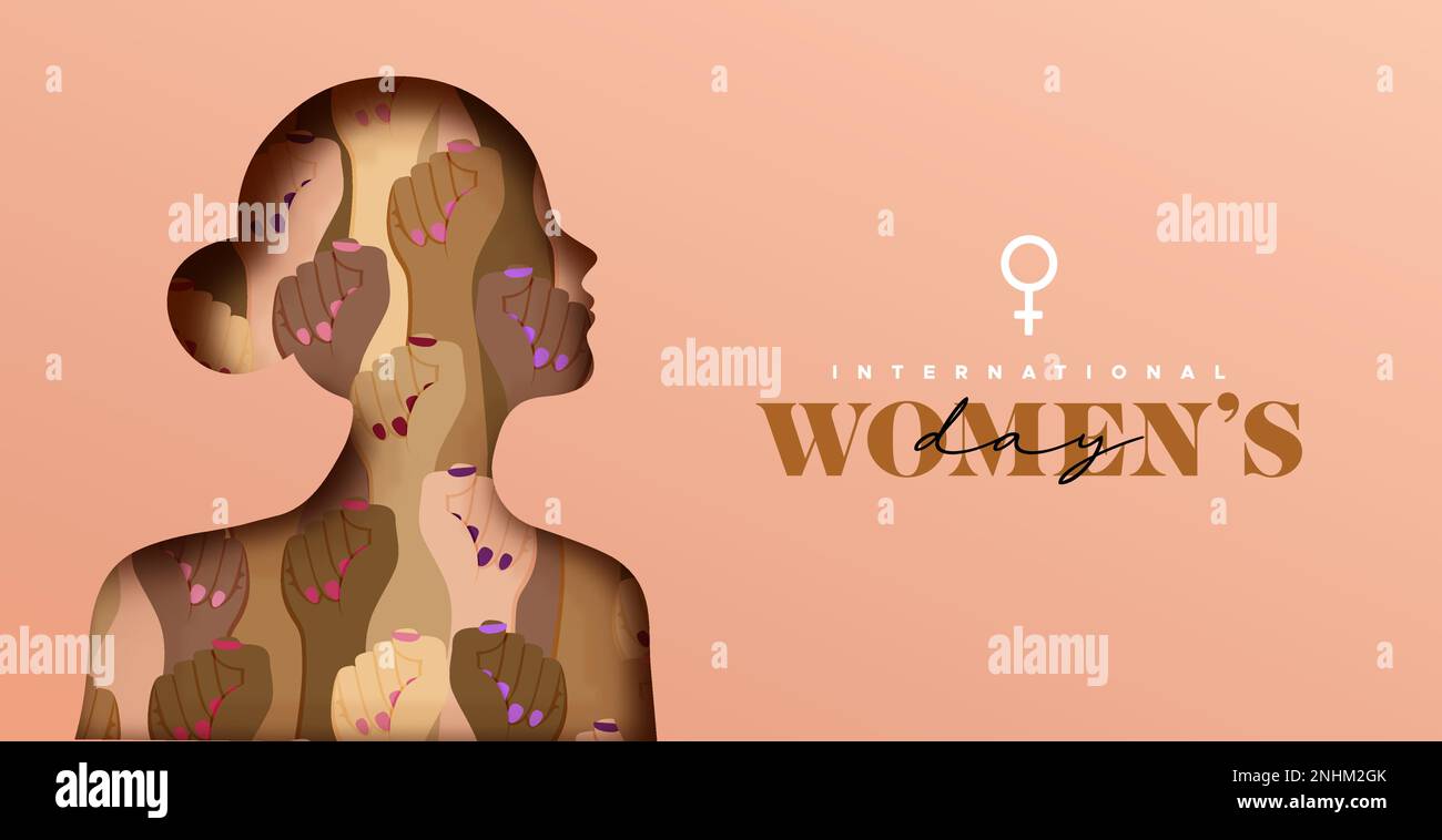 Modello di biglietto di auguri per la giornata internazionale della donna. 3D papercut donna silhouette con diversi alti gruppi di cultura diversa. Braccio sollevato co Illustrazione Vettoriale