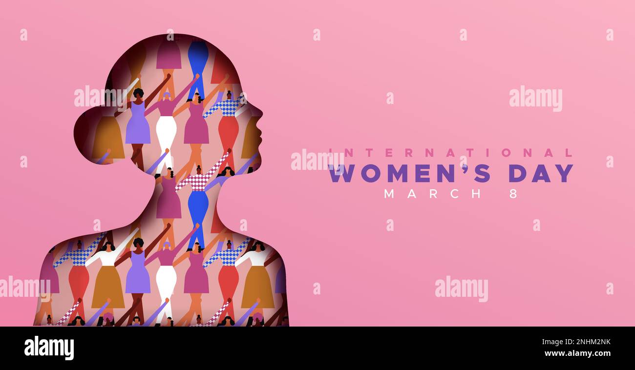 Modello di biglietto di auguri per la giornata internazionale della donna. 3D papercut donna silhouette con diverse persone gruppo di cultura diversa con pugno rialzato. Illustrazione Vettoriale