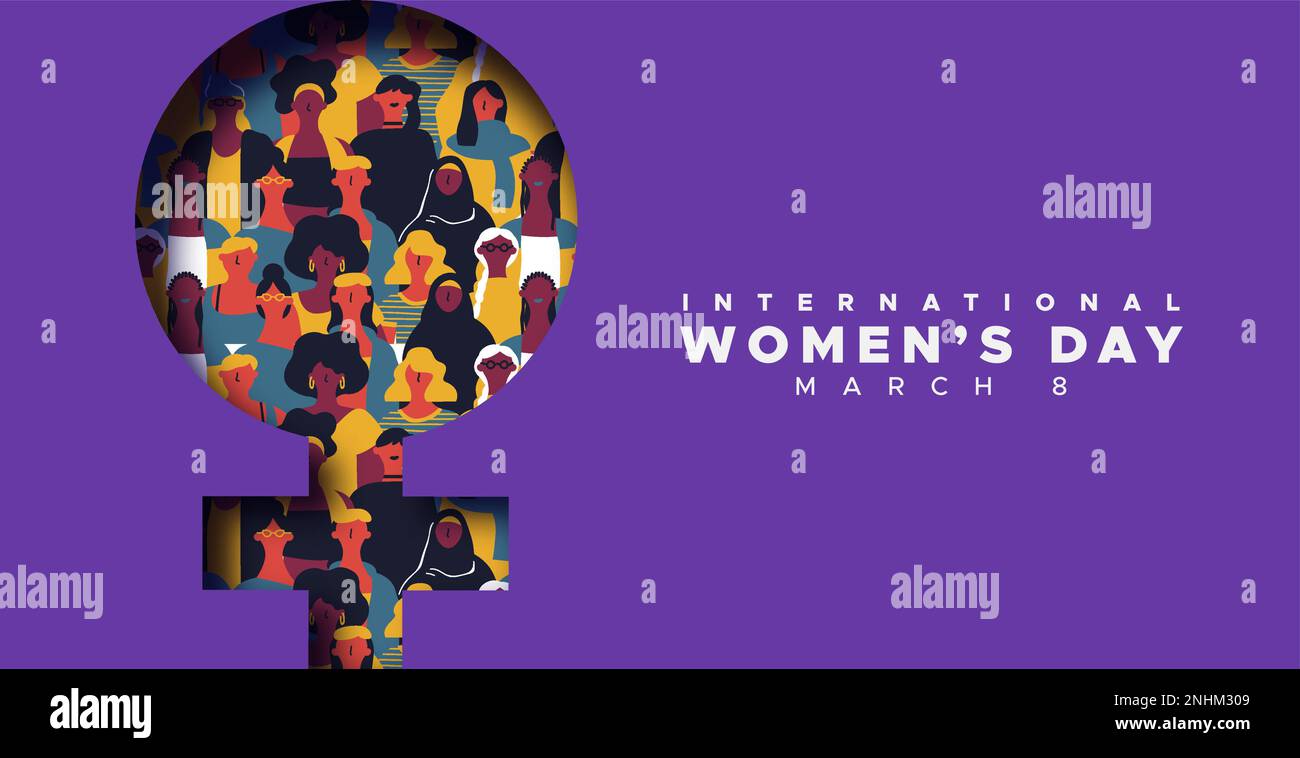 Illustrazione del biglietto di auguri per la Giornata della donna felice. 3D simbolo della donna papercut con un gruppo di donne di culture diverse. Progettazione di carta per l'internation Illustrazione Vettoriale