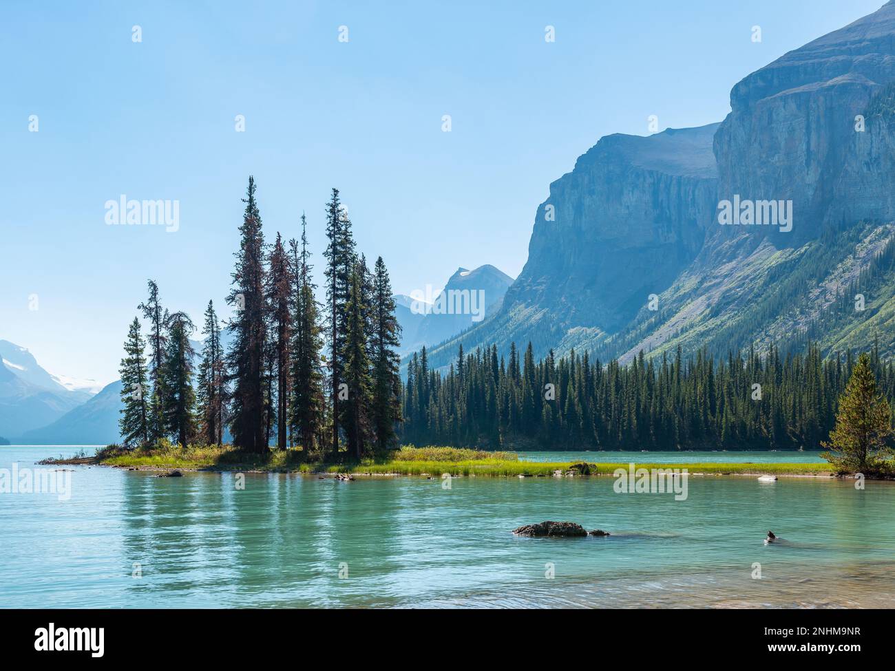 Spirit Island e Maligne Lake in estate con spazio copia, parco nazionale, Alberta, Canada. Foto Stock