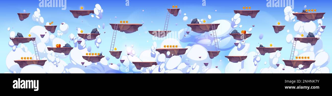 Volo rock isole vettore gioco sfondo cielo paesaggio. mappa a livello di interfaccia utente 2d con piattaforma galleggiante, gin oro, scale su cielo blu con nuvole bianche. Cartoni animati arcade videogiochi World asset design Illustrazione Vettoriale