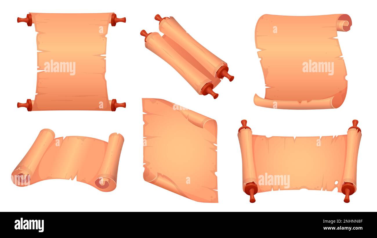 Cartoon set di vecchie pergamene scorre isolato su sfondo bianco. Illustrazione vettoriale di pagina di carta antica, rotolo di papiro, mappa, lettera medievale, annuncio, manoscritto antico. Documento vintage Illustrazione Vettoriale