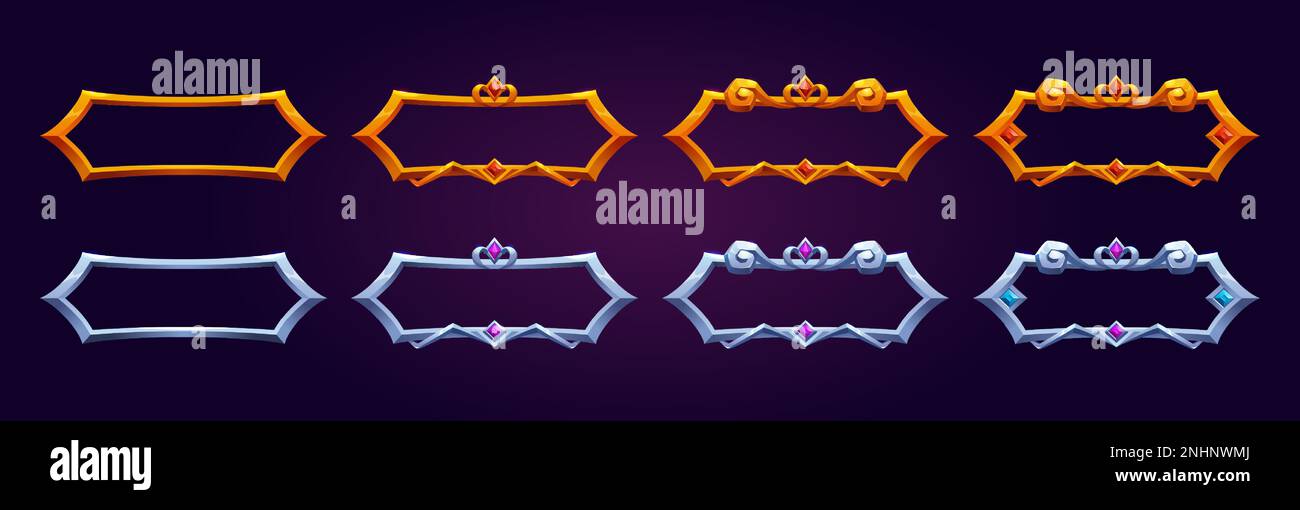Cornice pulsante medievale d'oro per l'interfaccia del gioco fantasy isolato su sfondo scuro. Illustrazione dell'elemento di interfaccia RPG impostata con GEM nel vettore. Titolo del banner in metallo reale vuoto in oro e argento. Illustrazione Vettoriale