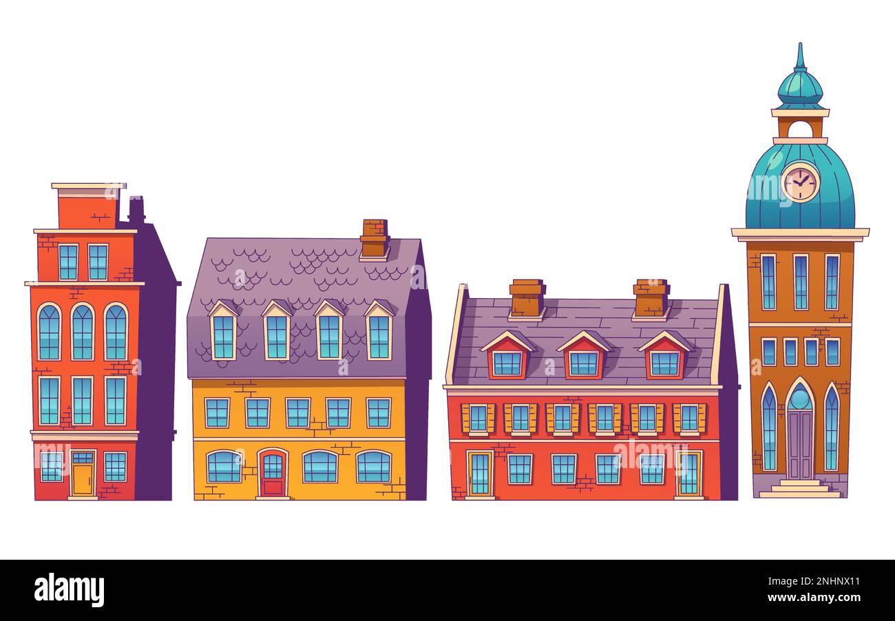 Set di cartoni animati di edifici scandinavi isolati su sfondo bianco. Case contemporanee di illustrazione vettoriale con facciate vecchie, finestre retrò, porte di legno, torre del municipio. Stile architettonico europeo Illustrazione Vettoriale