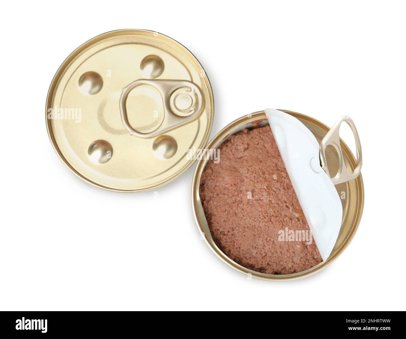 Lattine di alimenti per animali domestici bagnati su sfondo bianco, vista dall'alto Foto Stock