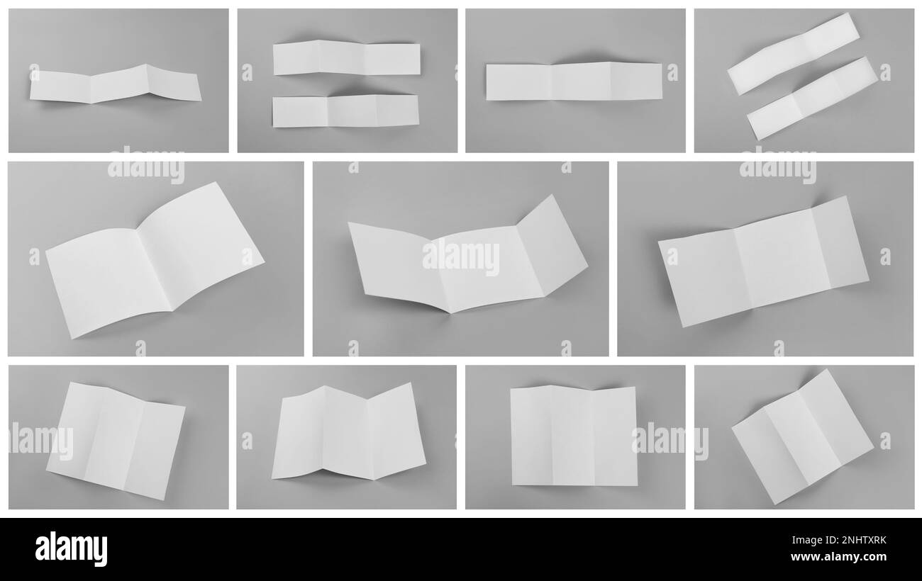 Aprire brochure vuote su sfondo grigio, collage. Design del banner Foto Stock