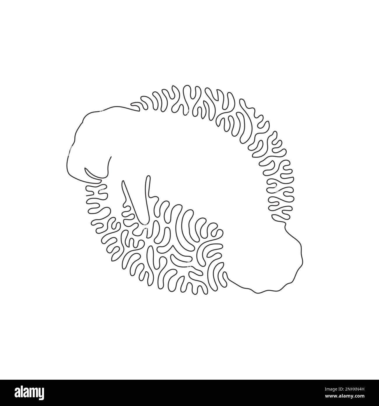 Curva continua una linea di disegno di carino manatea astratto arte in cerchio. Illustrazione del vettore di ictus modificabile a linea singola di mammifero marino erbivoro Illustrazione Vettoriale