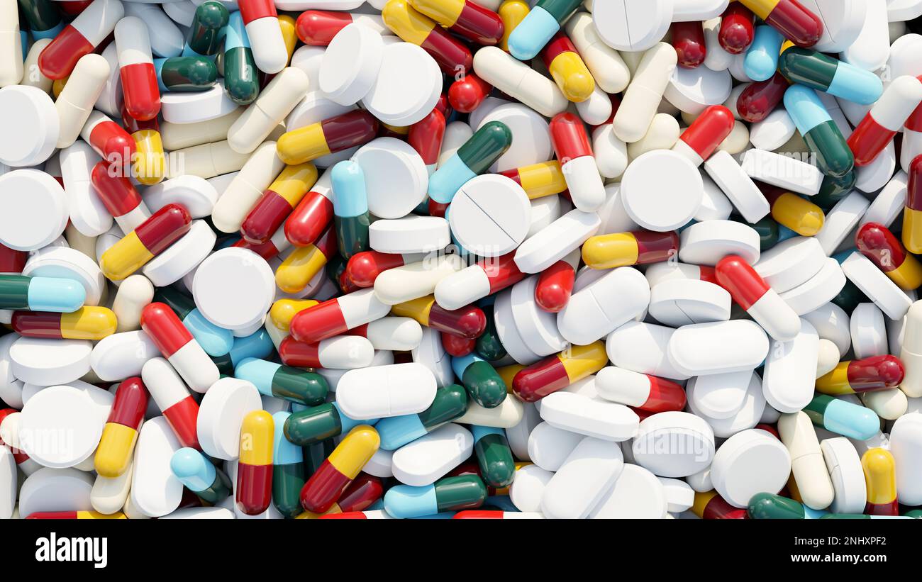 Vari farmaci colorati sfondo per banner web o presentazione. farmaco, pillola, compresse, capsula. Concetto medico e farmaceutico. rappresentazione 3d, 3d Foto Stock