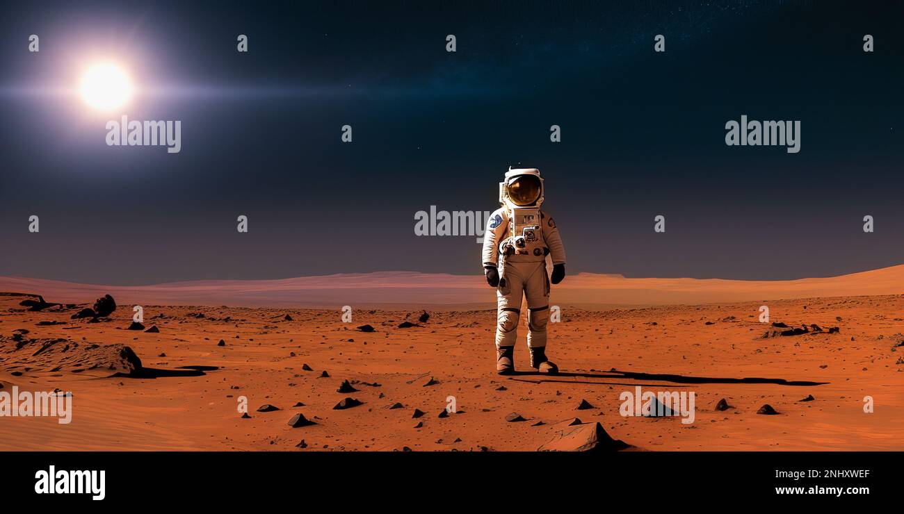 primo uomo su mars. Astronauta in tuta spaziale atterrato su Marte. Silhouette di un astronauta in piedi su Marte. Prima missione presidiata su Marte. Spazio Exploratio Foto Stock