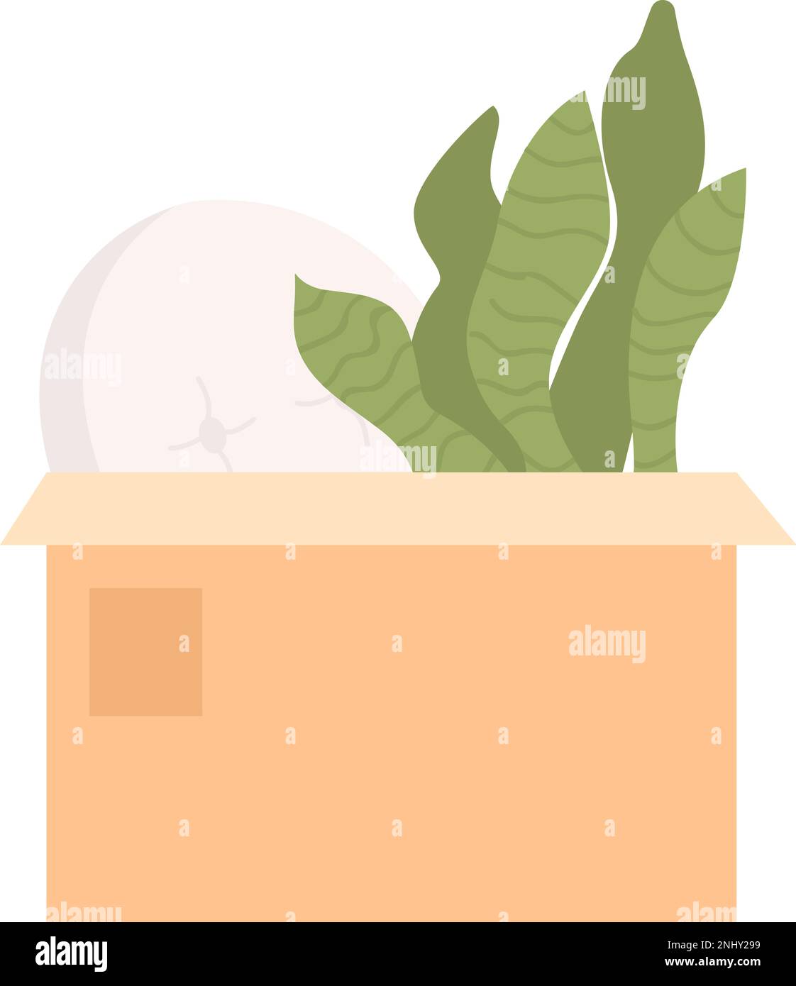 Confezione scatola di cartone con cuscino e pianta d'uso semi-piatto colore vettore oggetto Illustrazione Vettoriale