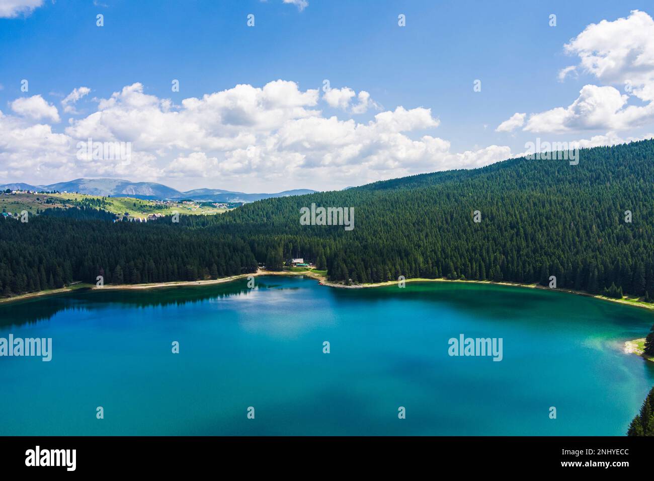 Montenegro. Parco Nazionale Durmitor. Lago nero circondato da verde foresta di conifere. Bellezza della natura concetto sfondo. Drone. Vista aerea Foto Stock
