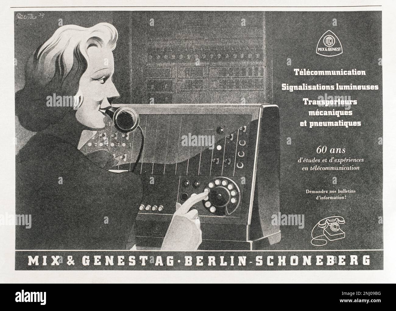 Pubblicità per i prodotti di telefonia Mix & Genest su una delle pagine interne della rivista 'Signal', numero 8 (25 luglio 1940) dell'edizione francese. Questa società tedesca è stata fondata il 1 ottobre 1879 dall'industriale Wilhelm Mix e dall'ingegnere Werner Genest. 'Signal' è stato pubblicato tra l'aprile 1940 e l'aprile 1945 ed è stato il principale organo di propaganda dell'esercito tedesco durante la seconda guerra mondiale. Foto Stock
