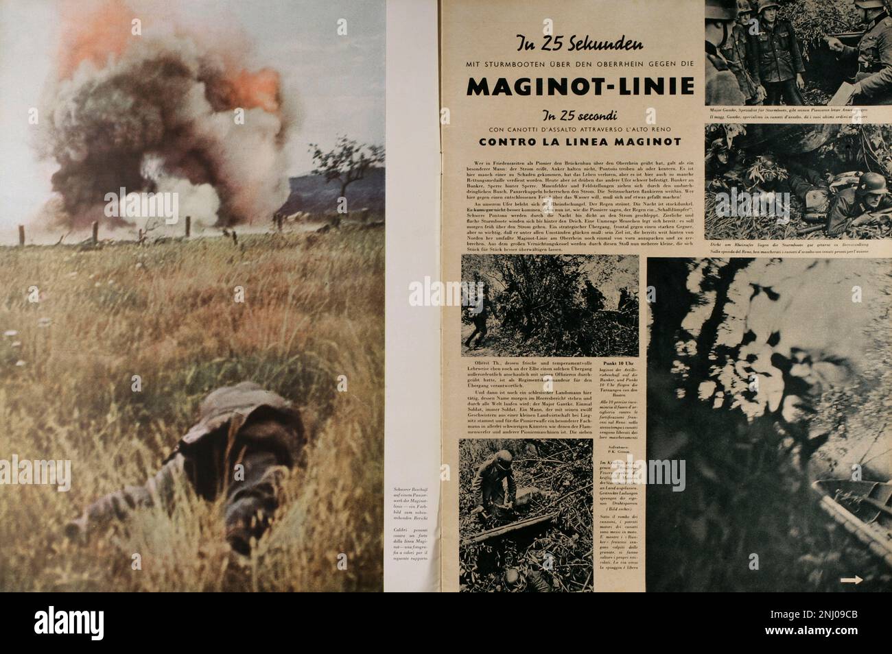Storia della Germania. Caricatore 'Signal'. All'interno delle pagine del numero 9 (10 agosto 1940) dell'edizione tedesco-italiana, con un articolo sulla linea Maginot. Questa rivista è stata pubblicata tra aprile 1940 e aprile 1945 ed è stato il principale organo di propaganda dell'esercito tedesco durante la seconda guerra mondiale. Foto Stock