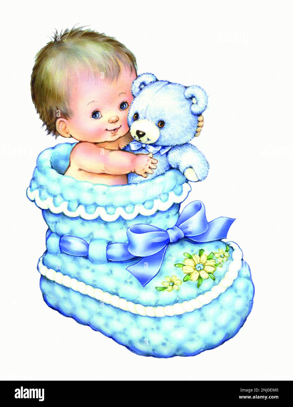 Baby-carino orsacchiotto blu e bambino in bootie su bianco Foto Stock
