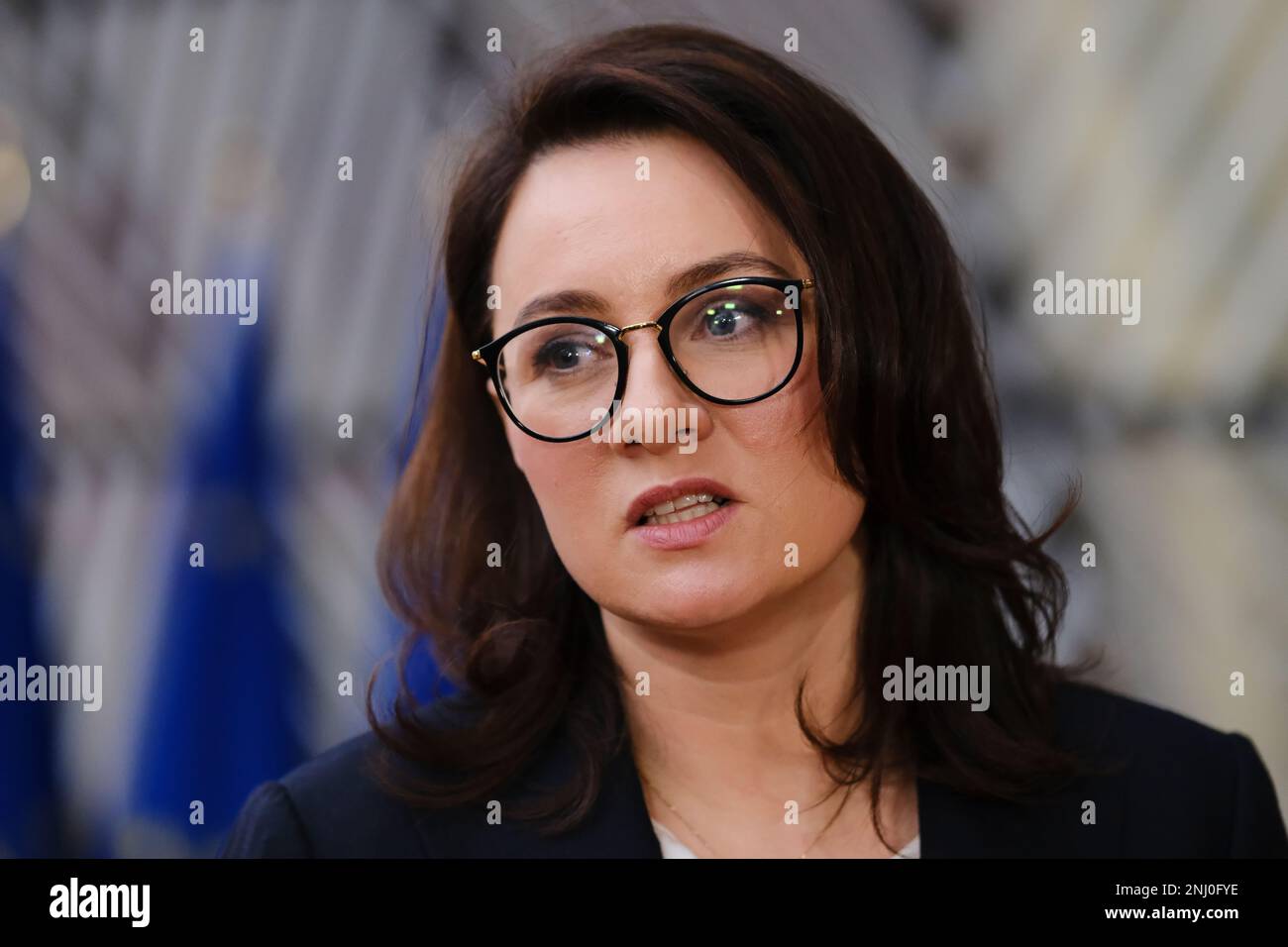 Bruxelles, Belgio. 22nd Feb, 2023. Conferenza stampa di Yulia Svyrydenko, primo vice primo ministro dell'Ucraina e ministro dello sviluppo economico e del commercio dell'Ucraina a Bruxelles, in Belgio, il 22 febbraio 2023. Credit: ALEXANDROS MICHAILIDIS/Alamy Live News Foto Stock